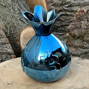 Blue Chrome Bag Vase: Handcrafted Metal Home Decor
