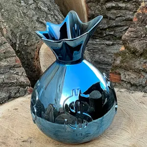 Blue Chrome Bag Vase: Handcrafted Metal Home Decor